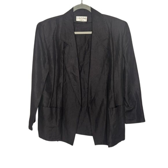 Calvin Klein Black Open-Front Blazer Womens 6 Lightweight Office Career Linen - Picture 1 of 10